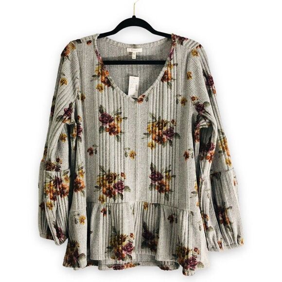 Maurices 0X Gray Cozy Ribbed Ruffle Floral Bell Sleeve Peplum‎ Sweater Blouse - Picture 1 of 12